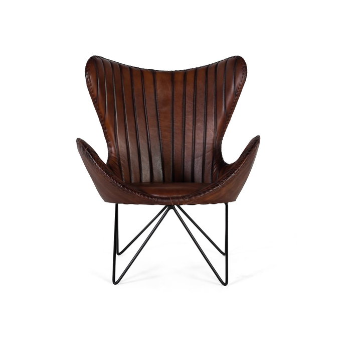 GINER Y COLOMER Sillón tapizado en piel natural marrón con patas de metal